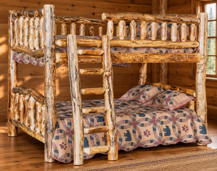 Timber Hollow Aspen Full-over-Queen Bunk Bed with Left Opening in a cabin bedroom