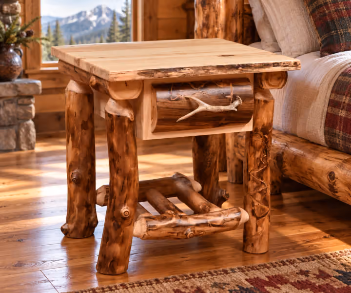 Woodland Hollow Aspen One Drawer Nightstand in a rustic cabin bedroom