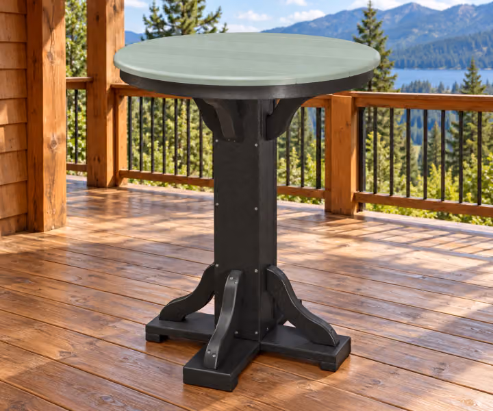 Harbor Porch Compact Round Poly Counter Table in an outdoor cabin setting