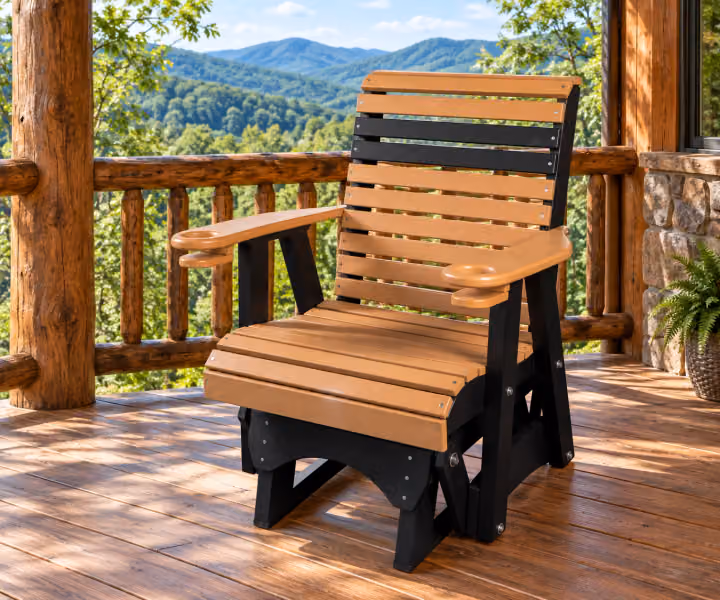 Willow Bay Poly Curved-back Glider in an outdoor mountain cabin setting