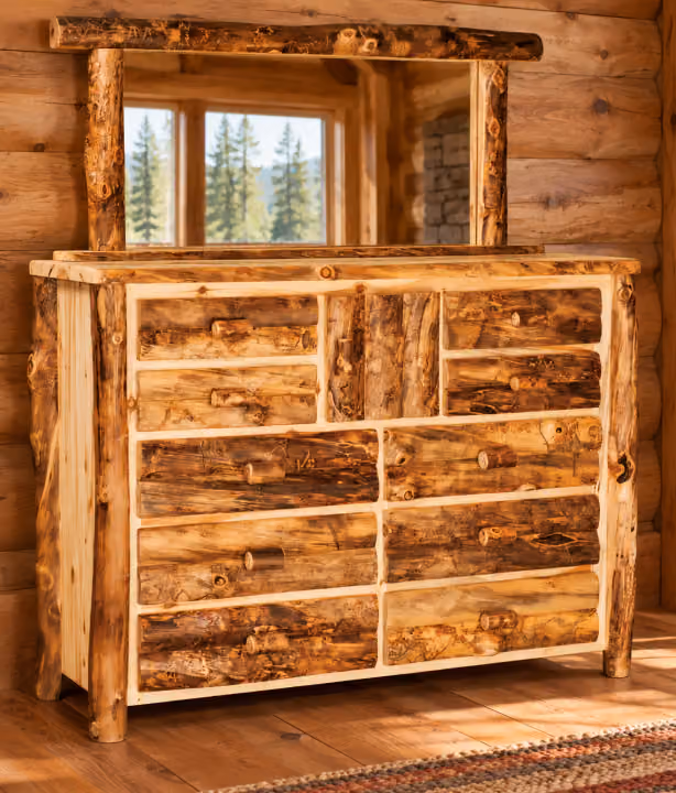 Timber Hollow Aspen Ten-Drawer Dresser with Mirror in a cabin bedroom