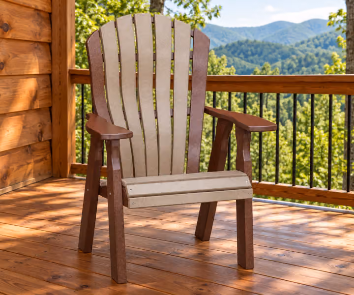 Harbor Porch Arched-back Poly Fireside Chair in an outdoor cabin setting