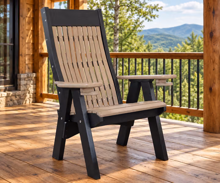 Willow Bay Poly Seabreeze Bench on a covered mountain cabin porch
