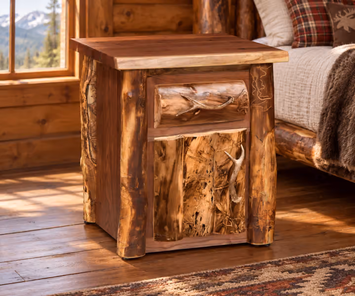 Highland Trail Aspen & Black Walnut One Drawer Cabinet Nightstand in a rustic cabin bedroom