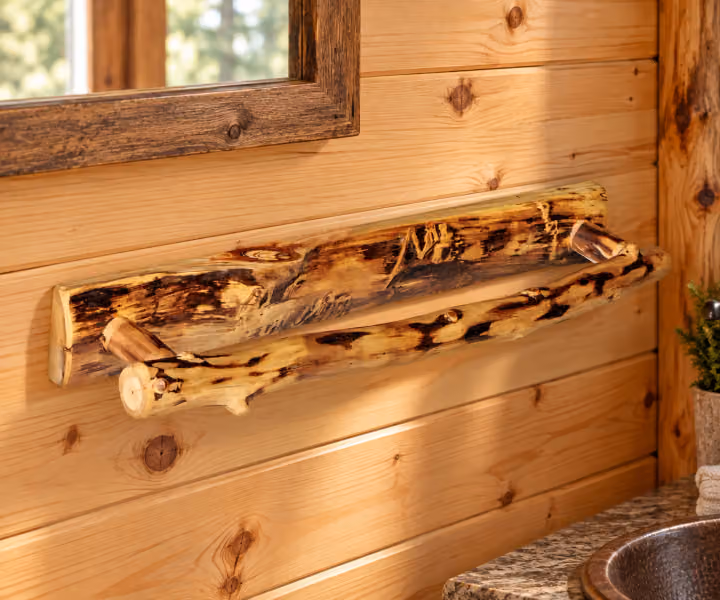 Hearthside Large Log Towel Holder in a rustic cabin