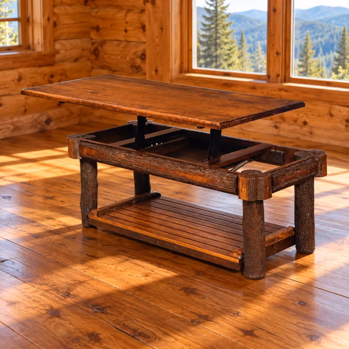 Fox Hollow Hickory Lift-Top Coffee Table in a rustic cabin living