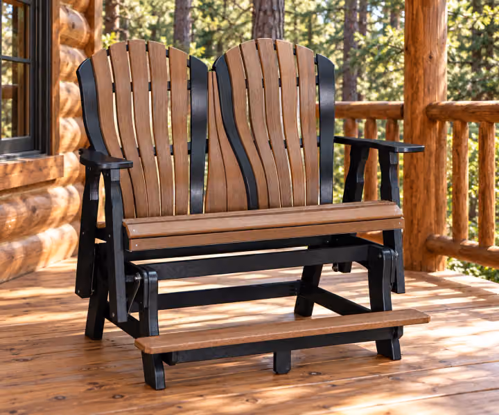 Harbor Porch Arched-back Poly Double Counter Glider in an outdoor cabin setting