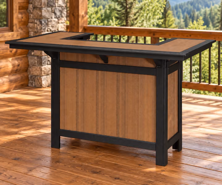 Harbor Porch Poly Patio Bar with Cooler in an outdoor cabin setting