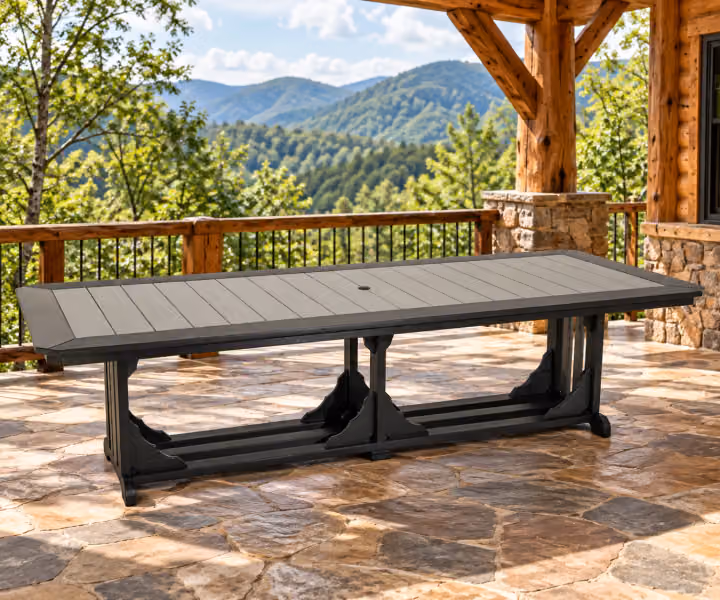 Willow Bay Poly Long Mission Table in an outdoor mountain cabin setting
