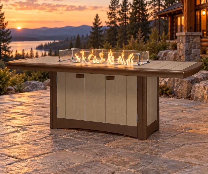 Harbor Porch Long Poly Counter Fire Table in an outdoor cabin setting