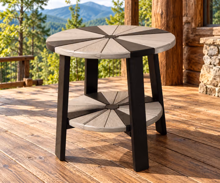Willow Bay Poly Sunray Table in an outdoor mountain cabin setting