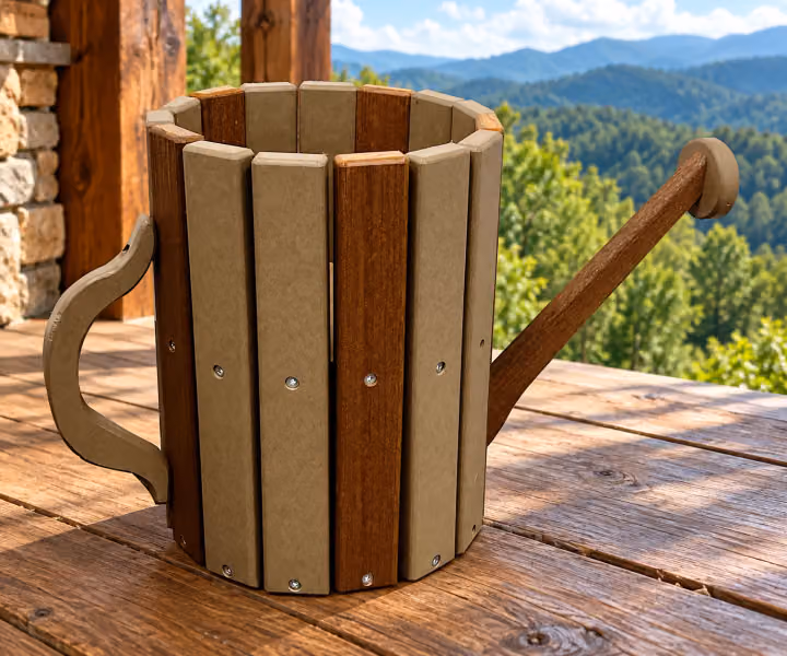 Willow Bay Poly Water Can Planter in an outdoor mountain cabin setting