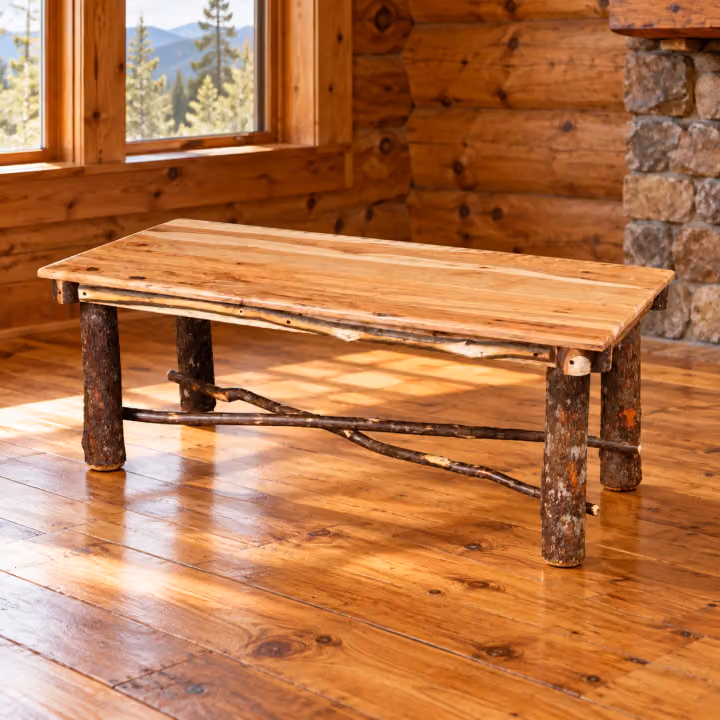 Fox Hollow Hickory Solid-Top Coffee Table in a rustic cabin living