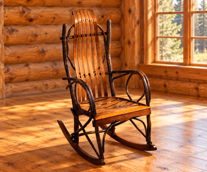 Forest Bend Hickory Tall Rocking Chair in a rustic cabin living