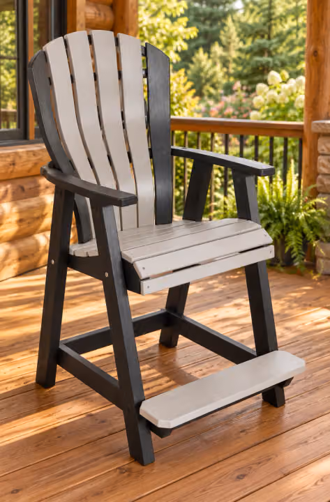Harbor Porch Arched-back Poly Counter Chair in an outdoor cabin setting
