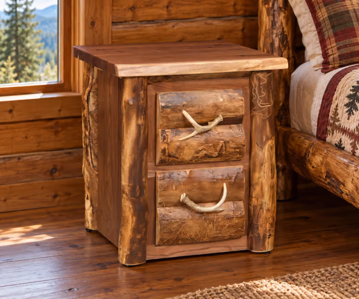 Highland Trail Aspen & Black Walnut Two Drawer Nightstand in a rustic cabin bedroom