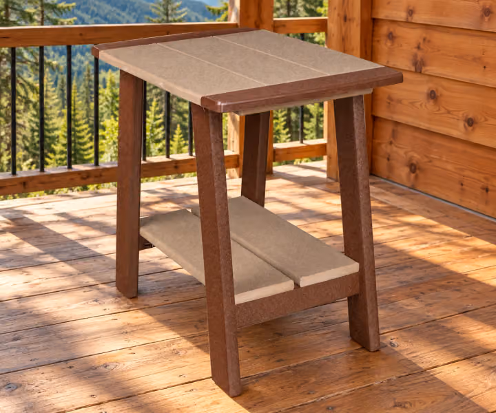 Harbor Porch Bordered Poly End Table in an outdoor cabin setting
