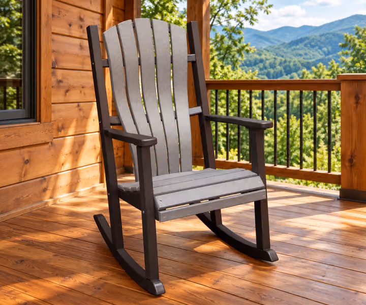 Harbor Porch Arched-back Poly Porch Rocker in an outdoor cabin setting