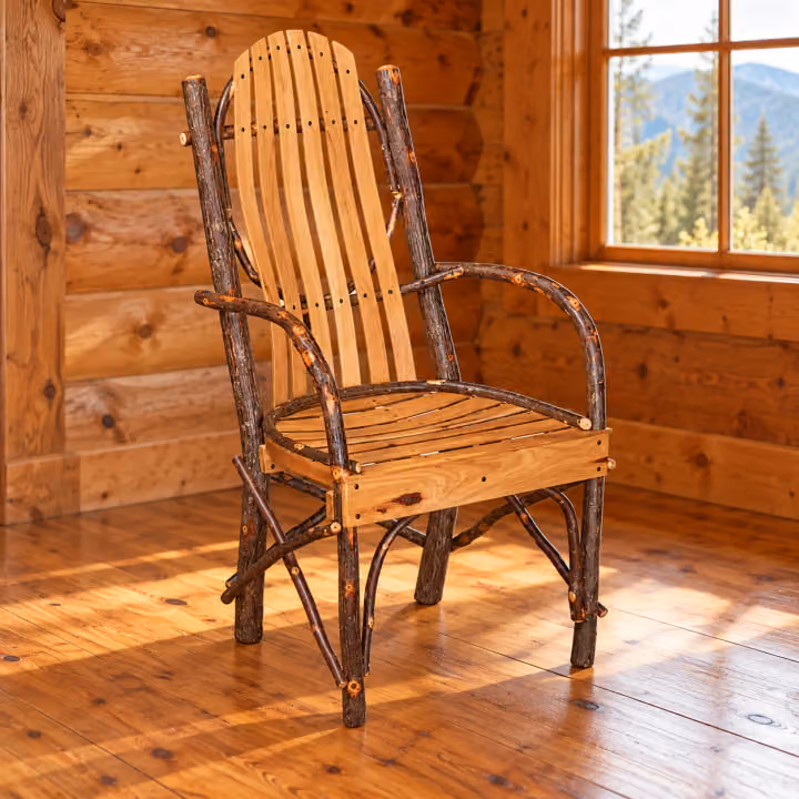 Fox Hollow Hickory Bendwood Arm Chair in a rustic cabin dining