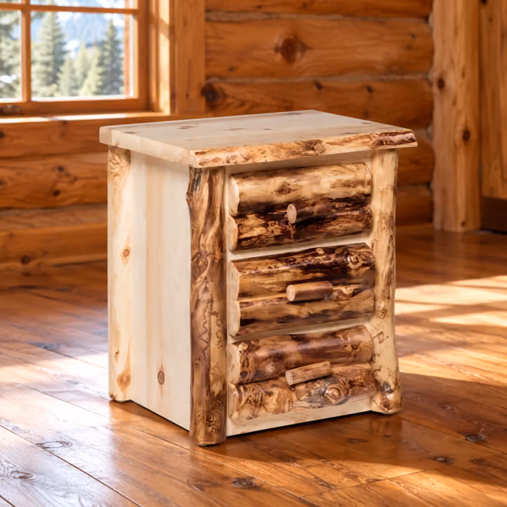 Clearwater Aspen Three Drawer Nightstand in a rustic cabin bedroom