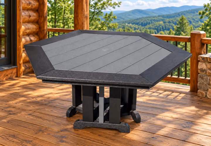 Willow Bay Poly Compact Hexagonal Mission Table in an outdoor mountain cabin setting
