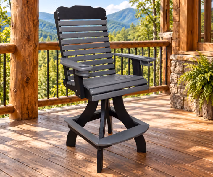 Willow Bay Poly Tall-back Swivel Chair in an outdoor mountain cabin setting