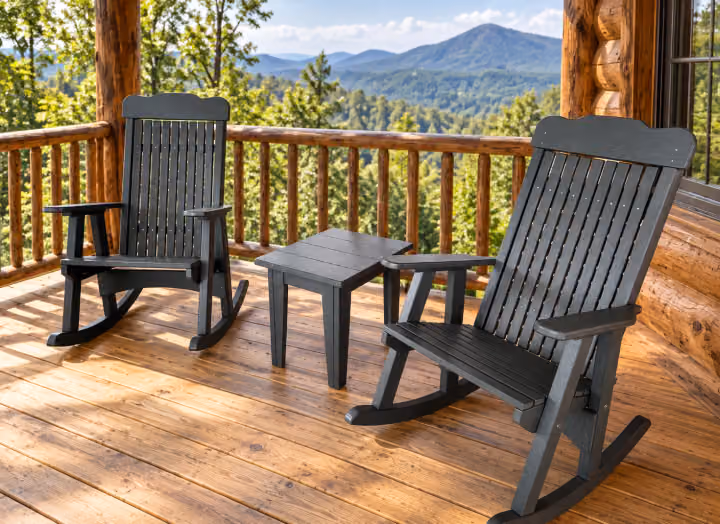 Willow Bay Poly Traditional Seabreeze Rocker in an outdoor mountain cabin setting