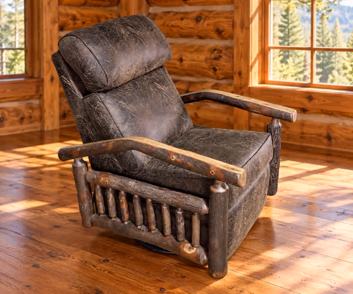 Log Hearth Hickory Recliner in a rustic cabin living