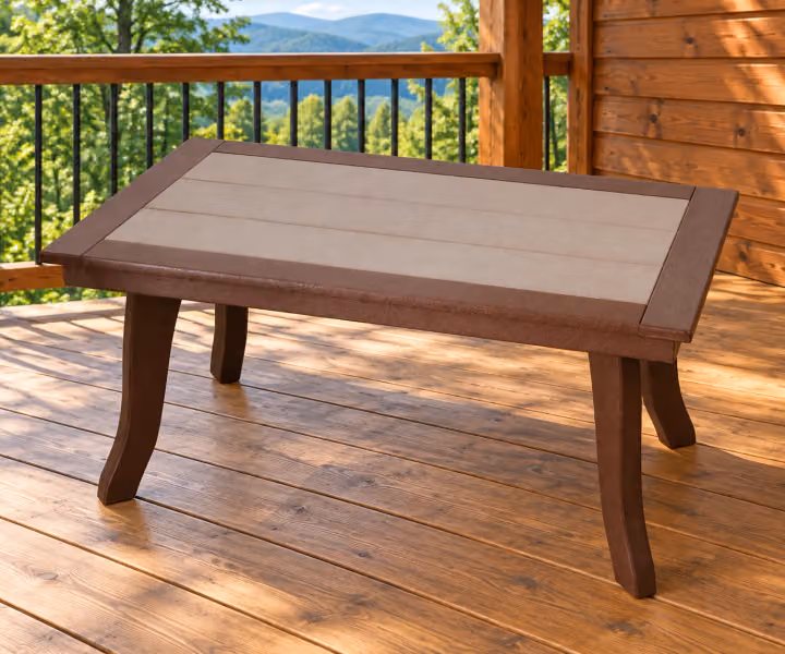 Harbor Porch Bordered Poly Coffee Table in an outdoor cabin setting