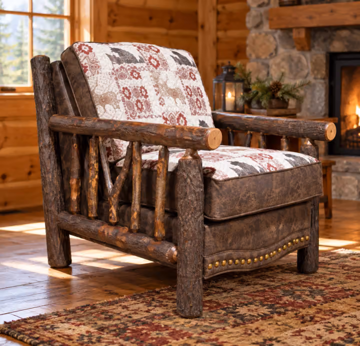 Canyon Hearth Hickory Upholstered Chair in a rustic home