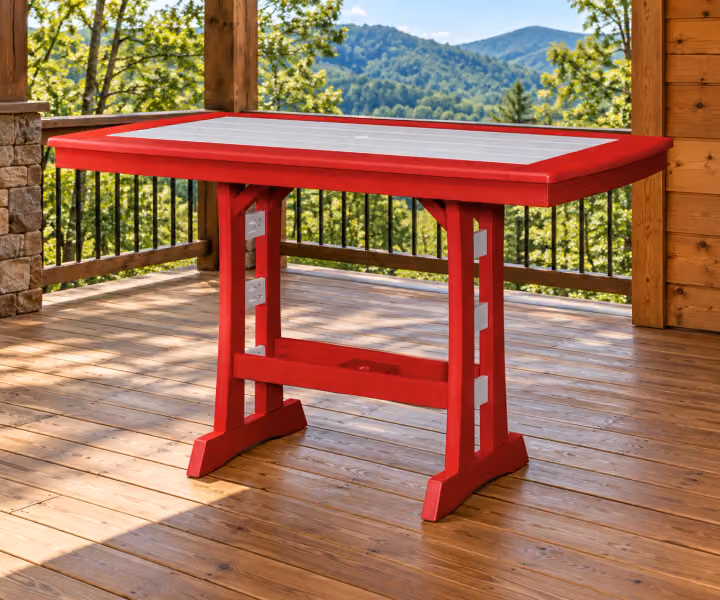 Harbor Porch Compact Bordered Poly Counter Table in an outdoor cabin setting