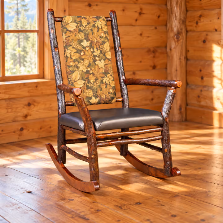 Tall Timbers Hickory Tall-back Rocker in a rustic cabin living