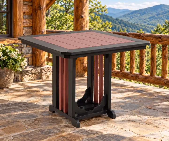 Willow Bay Poly Square Mission Table in an outdoor mountain cabin setting