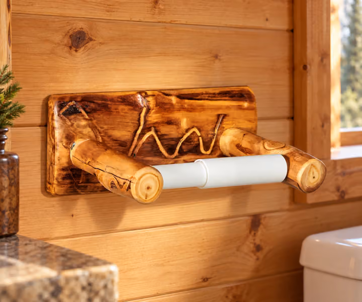 Hearthside Log Toilet Paper Holder in a rustic cabin