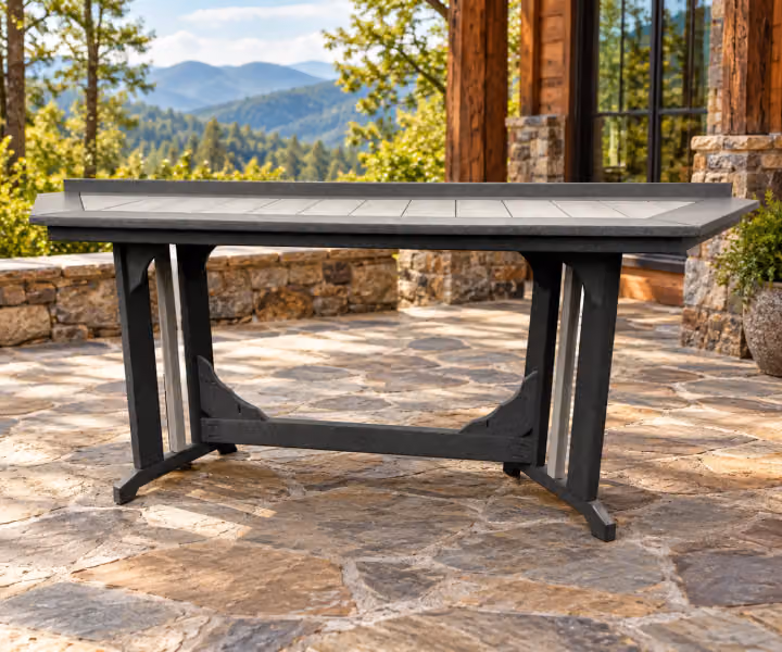 Willow Bay Poly Long Wedge Mission Table in an outdoor mountain cabin setting