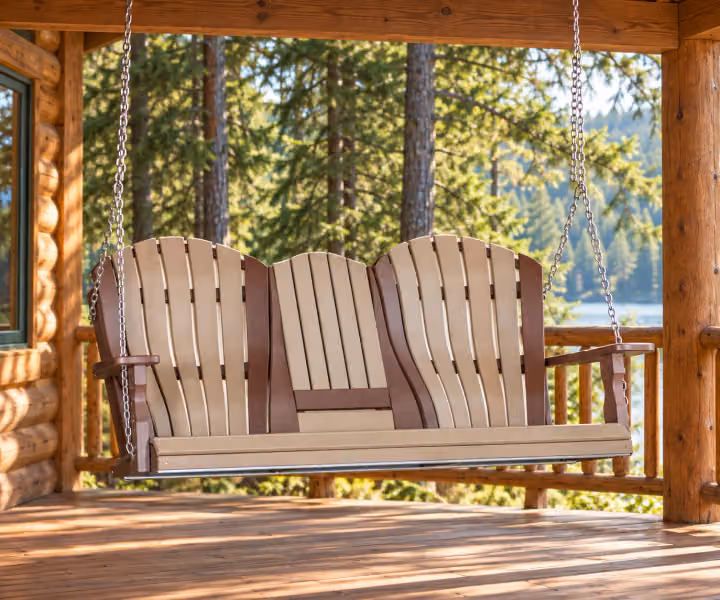 Harbor Porch Arched-back Poly Console Porch Swing in an outdoor cabin setting