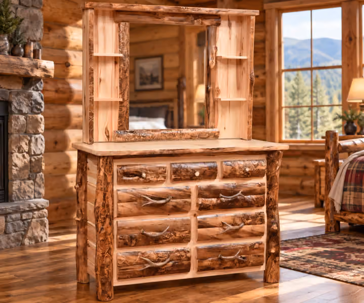 Woodland Hollow Aspen 3 over Six Drawer Dresser in a rustic cabin bedroom