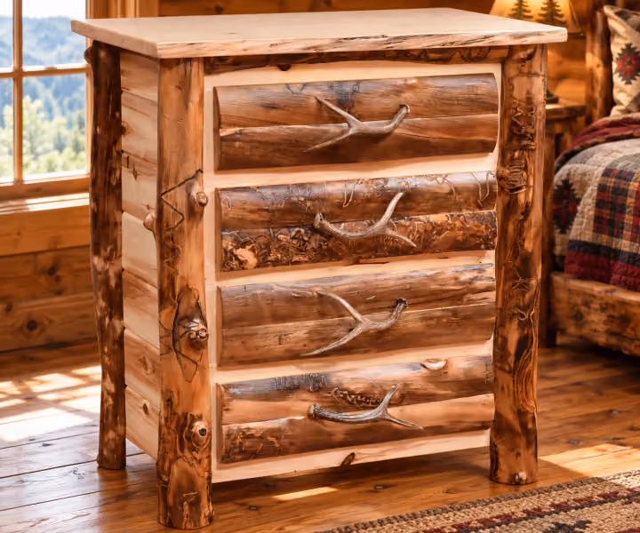 Woodland Hollow Aspen 4 Drawer Chest in a rustic cabin bedroom