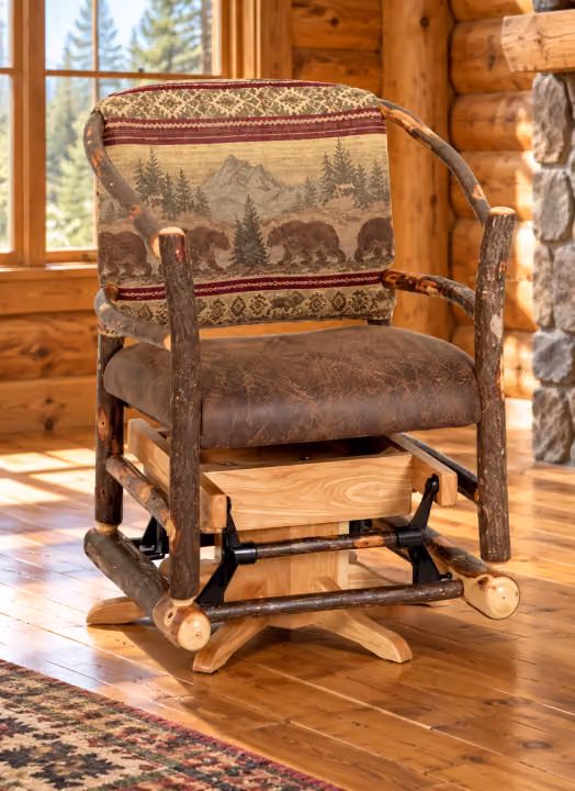 Hemlock Ridge Hickory Hoop Back Swivel Glider in a rustic cabin living