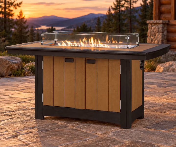 Harbor Porch Bordered Poly Counter Fire Table in an outdoor cabin setting