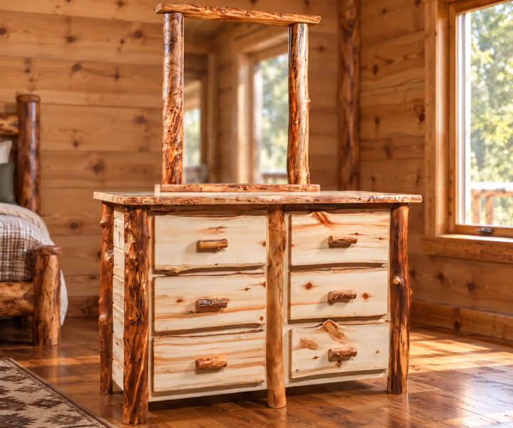 Meadow Creek Aspen Six Drawer Dresser in a rustic cabin bedroom