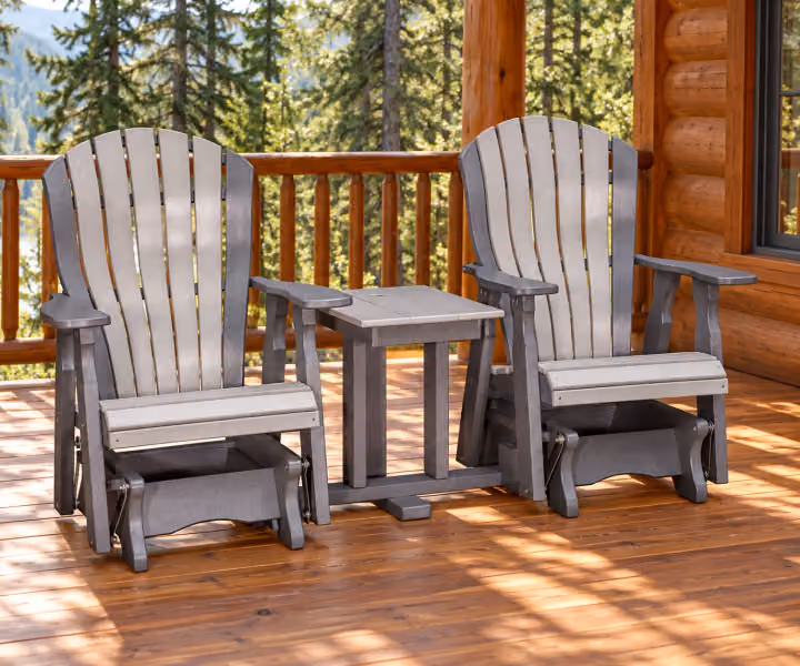 Harbor Porch Arched-back Poly Connected Glider Settee in an outdoor cabin setting