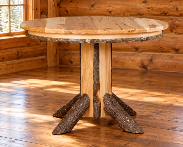 Hemlock Ridge Hickory Round Pedestal Dining Table in a rustic cabin dining