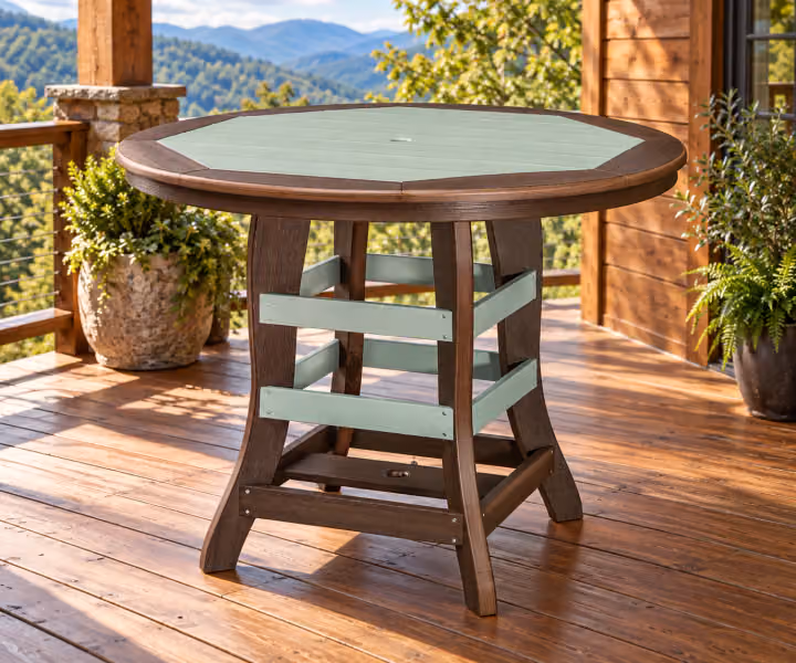 Harbor Porch Bordered Round Poly Counter Table in an outdoor cabin setting