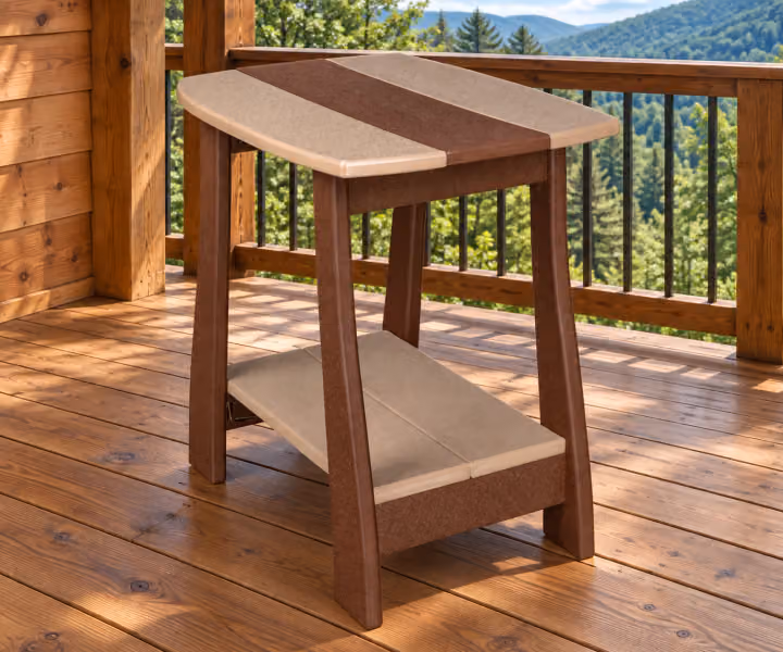 Harbor Porch Curved-top Poly End Table in an outdoor cabin setting