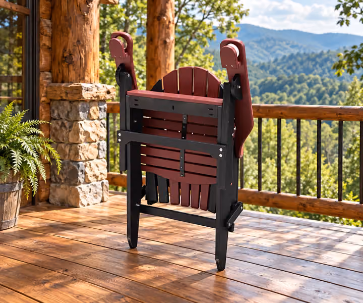 Willow Bay Poly Folding Deck Chair in an outdoor mountain cabin setting