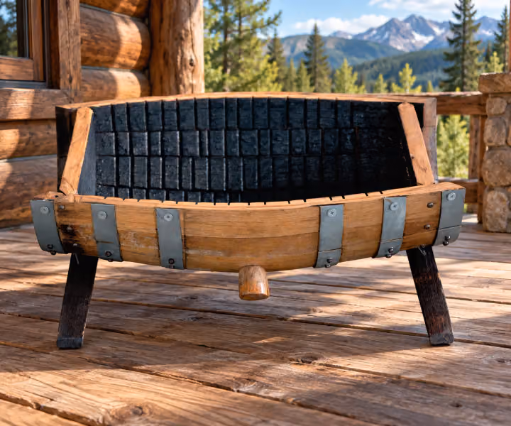 Caskwood Small Whiskey Barrel Flower Pot in a rustic mountain cabin