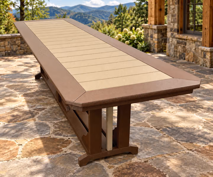 Willow Bay Poly Long Narrow Mission Table in an outdoor mountain cabin setting