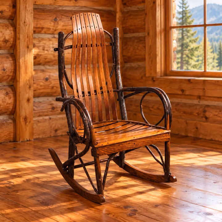 Forest Bend Hickory Jumbo Rocker in a rustic cabin living