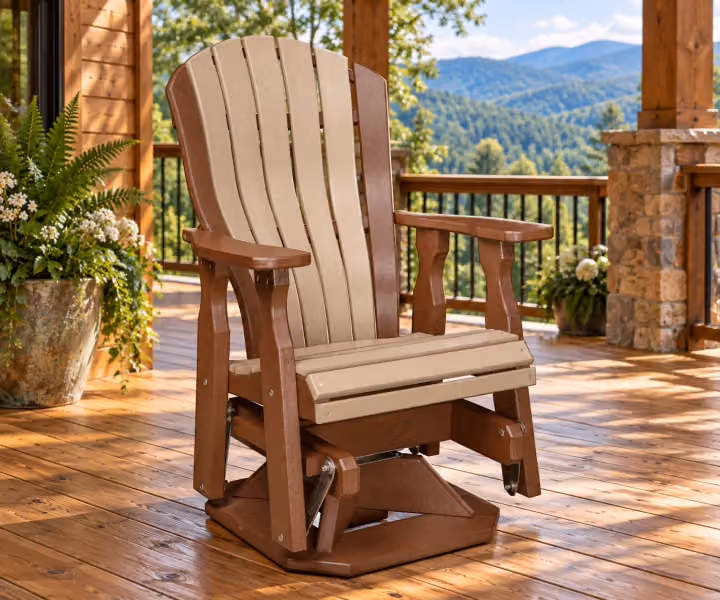 Harbor Porch Arched-back Poly Swivel Glider in an outdoor cabin setting